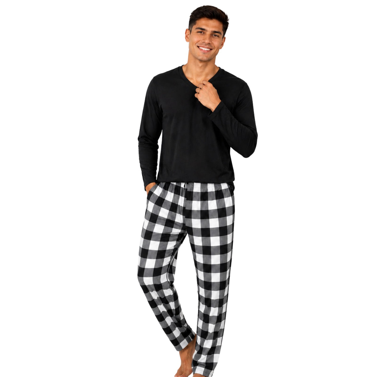 Pijama Masculino Longo Suede Casal Xadrez Preto
