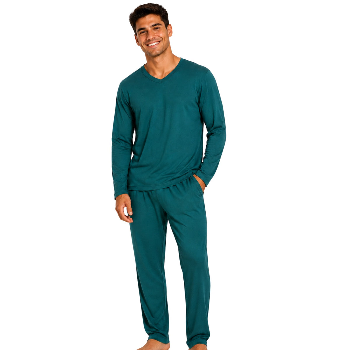 Pijama Masculino Longo Suede Liso Verde Oceano