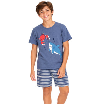 Pijama Masculino Juvenil Mescla Hello Friend Azul Estornado