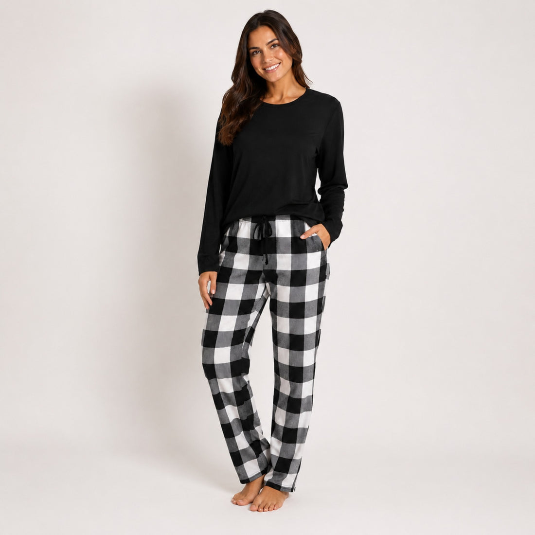 Pijama Feminino Longo Casal Xadrez Preto
