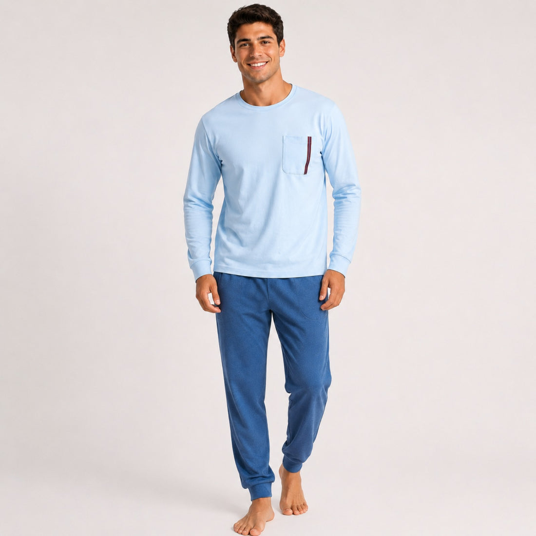 Pijama Masculino Adulto Longo Algodao c Punho Azul